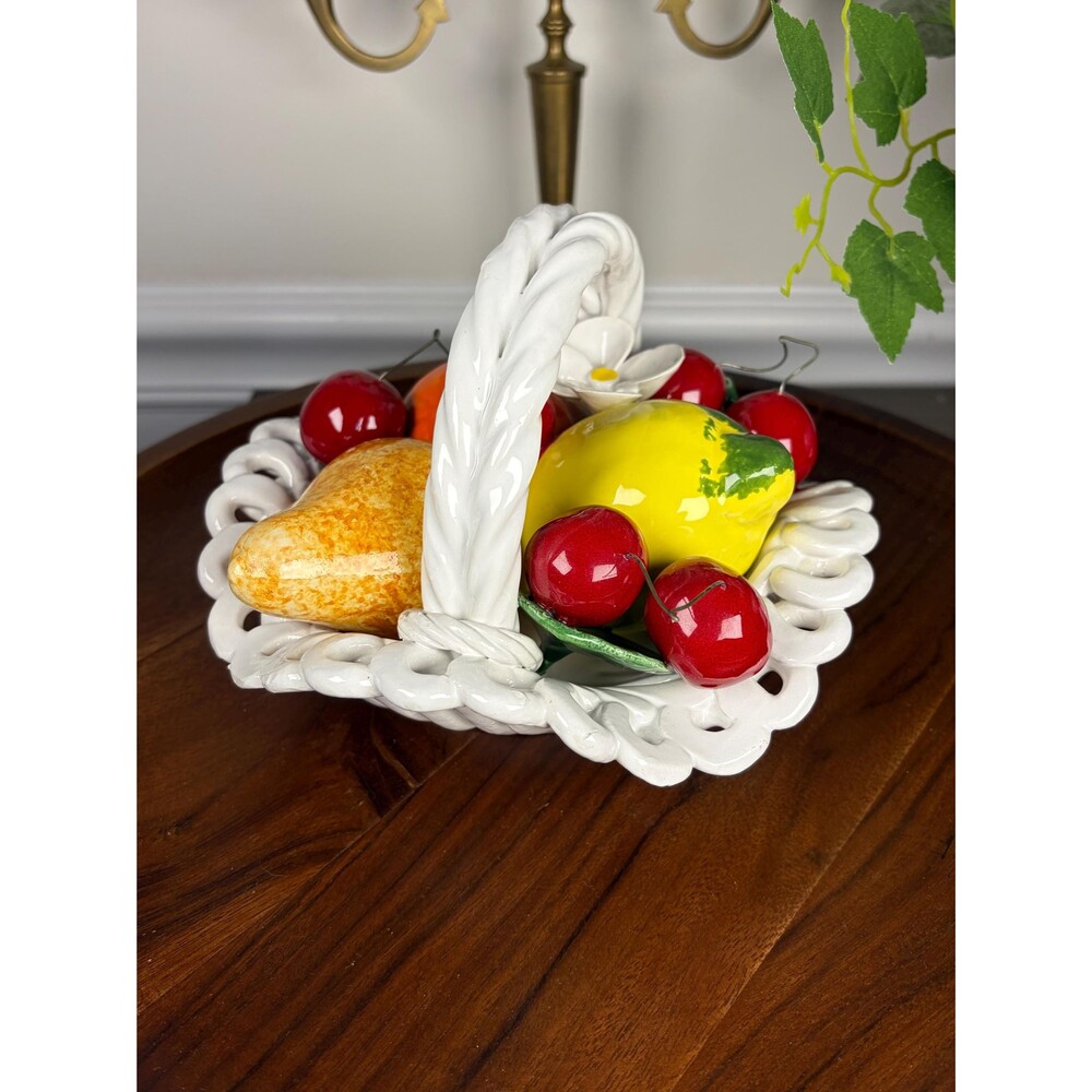 VIntage Ceramic Woven Fruit Basket Centerpiece Italian Majolica Style Decor